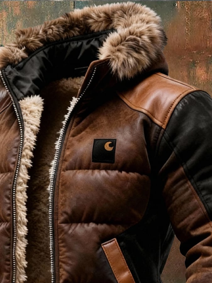 Herren-Retro-Steppjacke mit doppellagigem Kragen, warm gefüttert mit Baumwolle / Outdoorjacke