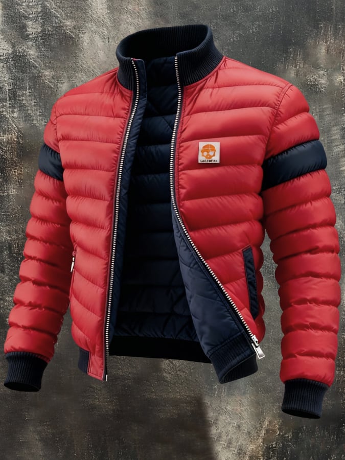 Retro Padded Jacket for Men with Colour Block Design, Warm Zip and Reversible Function