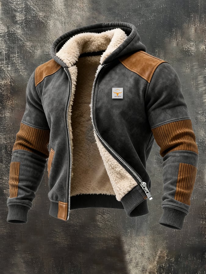 Men's Retro Outdoor Jacket made of Suede, Corduroy, Patchwork, Warm Zip