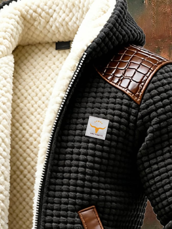 Retro Cardigan for Men with Checked, Textured Leather Patchwork Design (Removable Fur Collar)