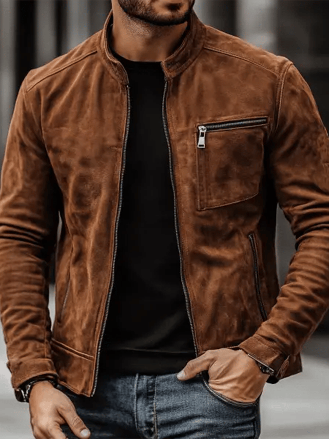 Men's Vintage Suede Jacket with Zip and Stand Collar – Last Day 80% Discount!