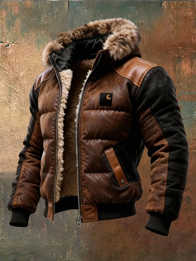 Herren-Retro-Steppjacke mit doppellagigem Kragen, warm gefüttert mit Baumwolle / Outdoorjacke