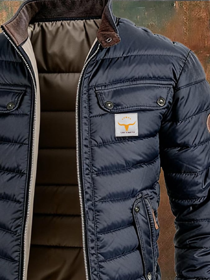 Men's Retro Leather Quilted Patchwork Warm Zip-Up Outdoor Jacket