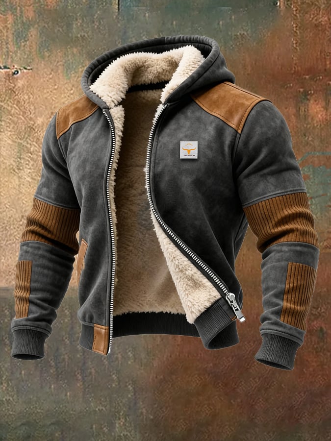 Men's Retro Outdoor Jacket made of Suede, Corduroy, Patchwork, Warm Zip