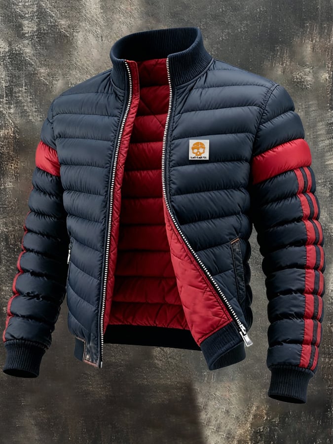 Retro Padded Jacket for Men with Colour Block Design, Warm Zip and Reversible Function