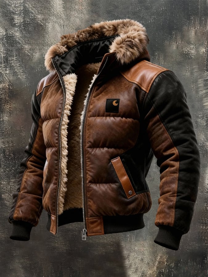 Herren-Retro-Steppjacke mit doppellagigem Kragen, warm gefüttert mit Baumwolle / Outdoorjacke