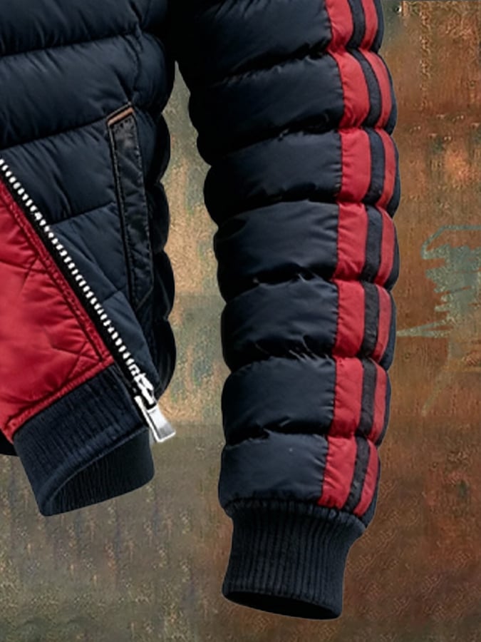 Retro Padded Jacket for Men with Colour Block Design, Warm Zip and Reversible Function