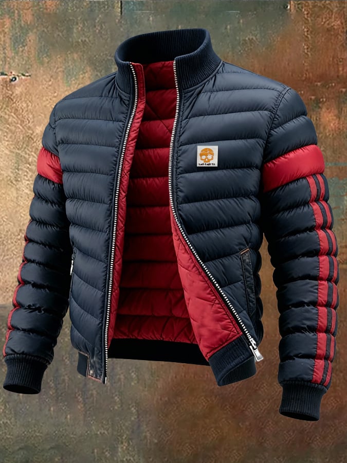Retro Padded Jacket for Men with Colour Block Design, Warm Zip and Reversible Function