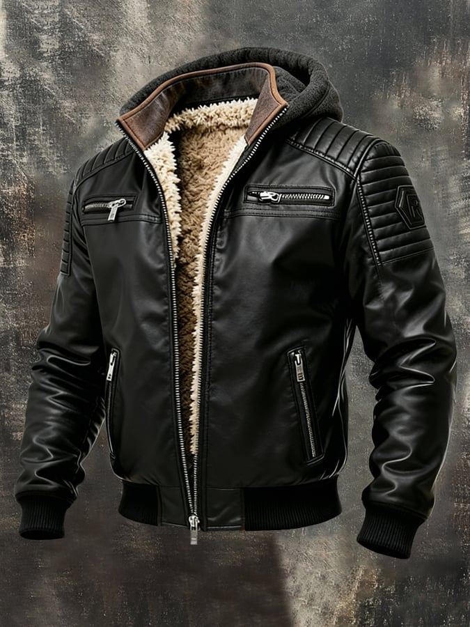 Men's Retro Outdoor Jacket Made of Warm, Soft Leather with Hood