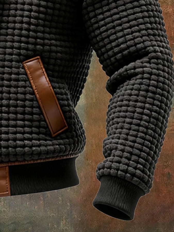 Retro Cardigan for Men with Checked, Textured Leather Patchwork Design (Removable Fur Collar)