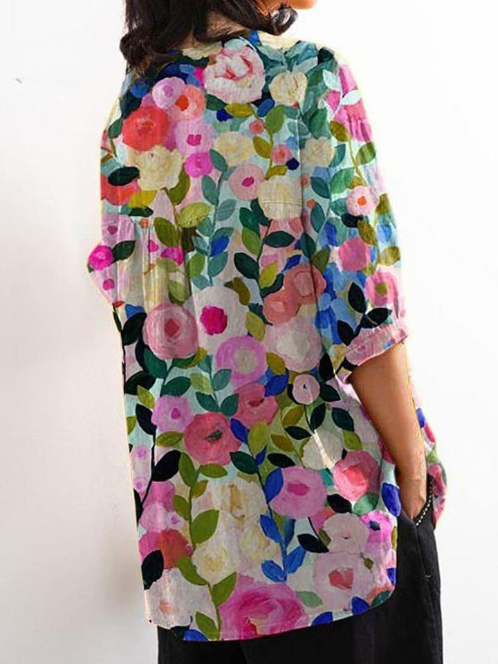Colorful Spring Floral Garden Printed Women's Casual Cotton And Linen Shirt