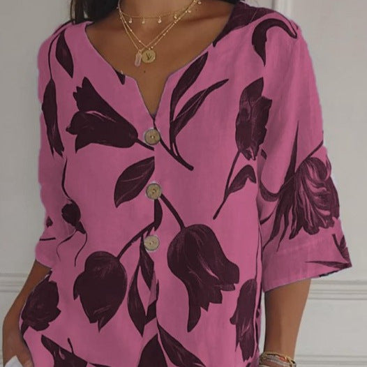 Blus i Linne med Blommigt Mönster
