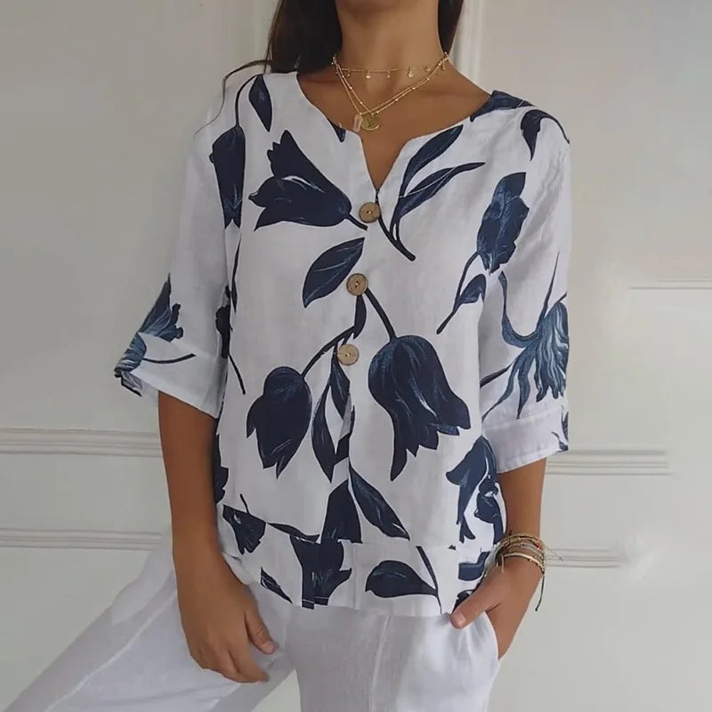 Blus i Linne med Blommigt Mönster