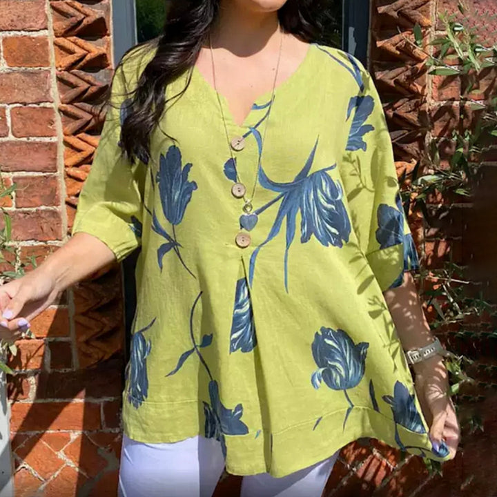 Blus i Linne med Blommigt Mönster