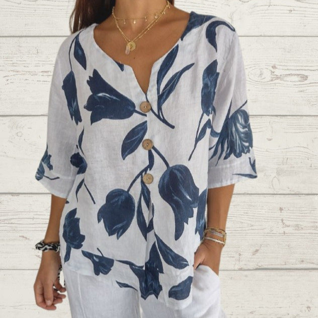 Blus i Linne med Blommigt Mönster