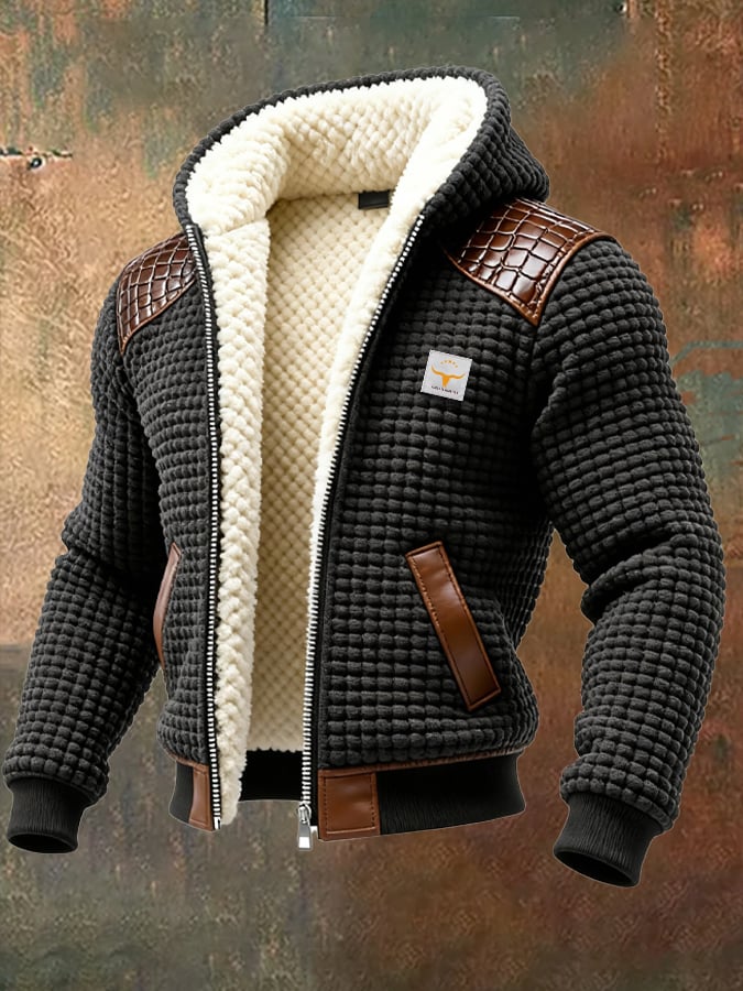 Retro Cardigan for Men with Checked, Textured Leather Patchwork Design (Removable Fur Collar)
