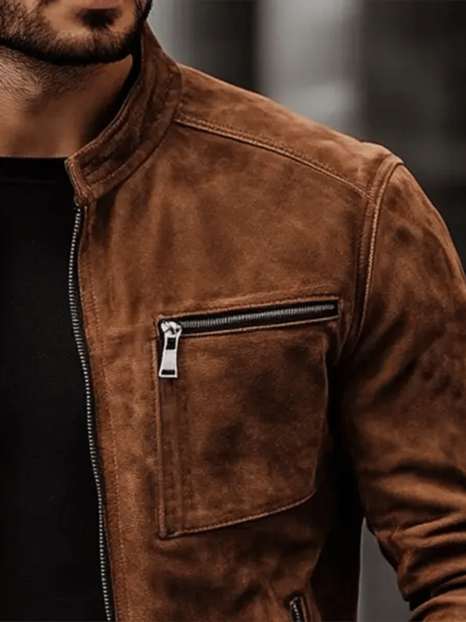 Men's Vintage Suede Jacket with Zip and Stand Collar – Last Day 80% Discount!