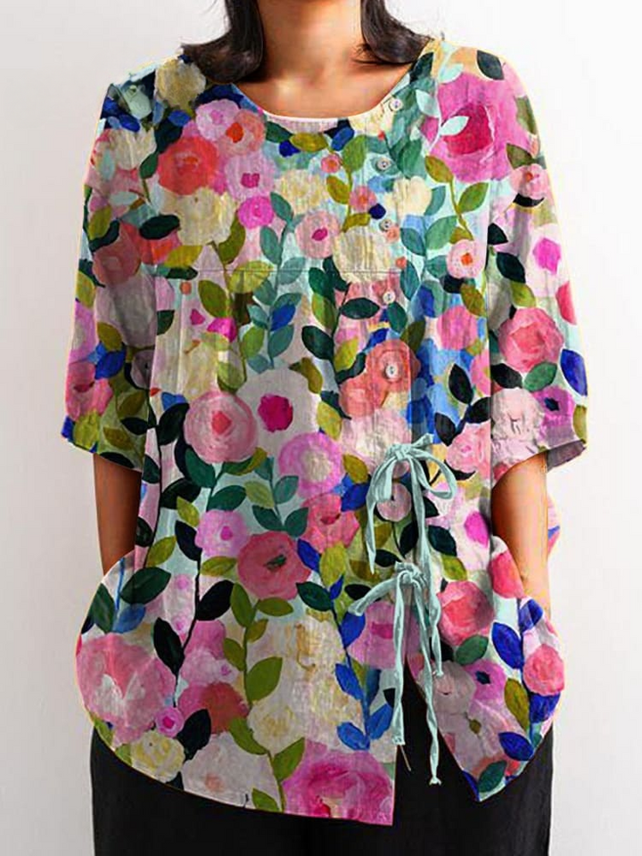 Colorful Spring Floral Garden Printed Women's Casual Cotton And Linen Shirt