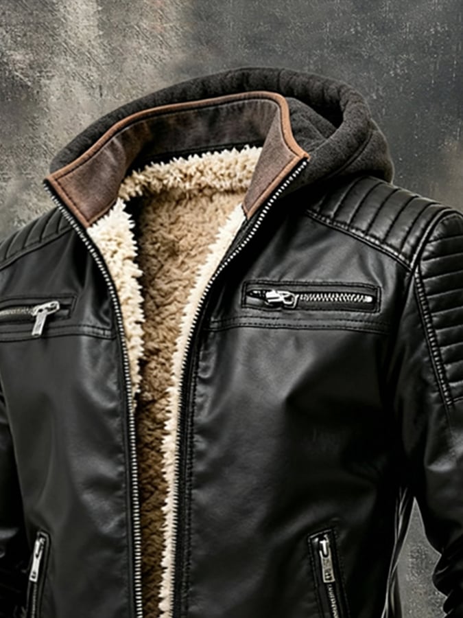Men's Retro Outdoor Jacket Made of Warm, Soft Leather with Hood