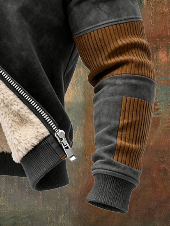 Men's Retro Outdoor Jacket made of Suede, Corduroy, Patchwork, Warm Zip