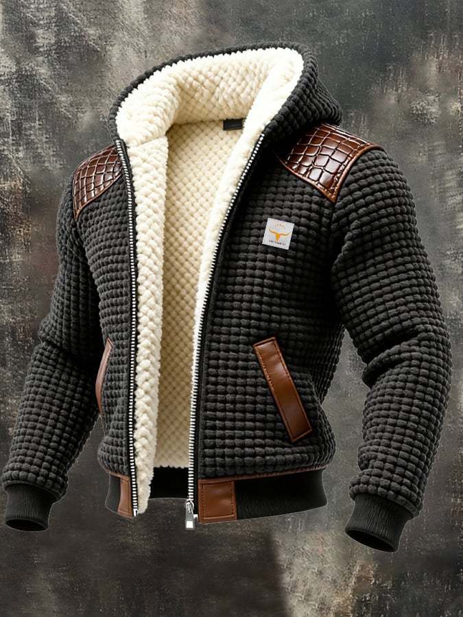Retro Cardigan for Men with Checked, Textured Leather Patchwork Design (Removable Fur Collar)